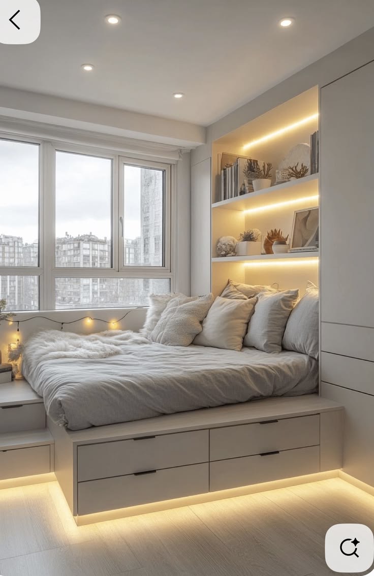 Floating wall-mounted shelves used as bedside storage instead of bulky side tables